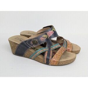 L'ARTISTE Spring Step Floral Leather Cork Wedge Swan Sandal Size 41 10.5/11